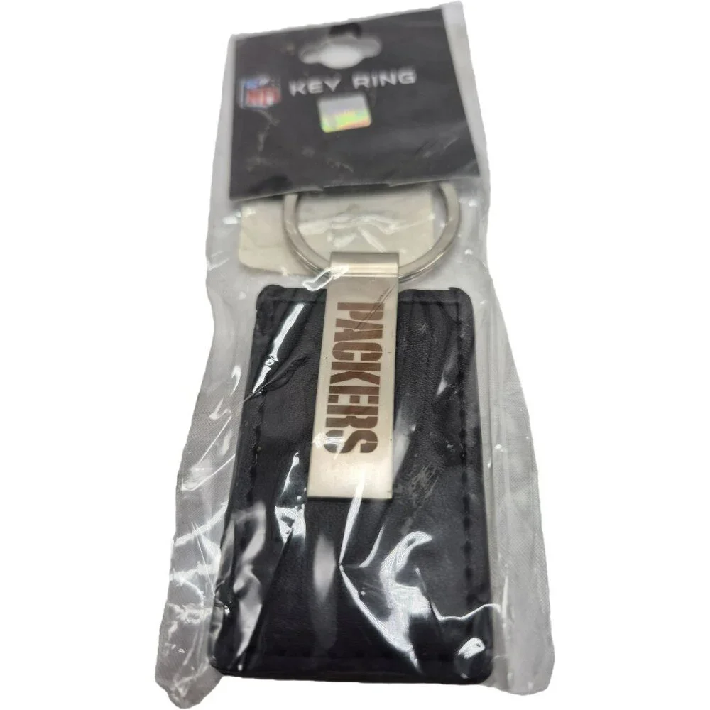 Aminco NFL Packers Black Leather Metal Key Ring Keychain Laser Engraved Black Si
